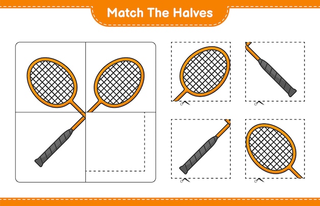 Match de helften. Match de helften van badmintonrackets. Educatief kinderspel, afdrukbaar werkblad, vectorillustratie