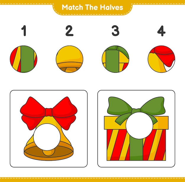 Match de helften Match de helften van Christmas Bell en Gift Box Educatief kinderspel afdrukbaar