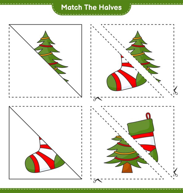 Match de helften Match de helften van Christmas Sock en Christmas Tree Educatief spel voor kinderen