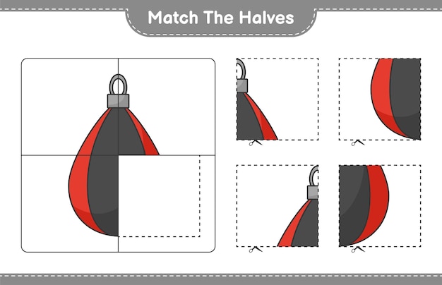 Match de helften. Match de helften van de bokszak. Educatief kinderspel, afdrukbaar werkblad, vectorillustratie