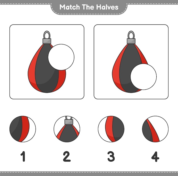 Match de helften. Match de helften van de bokszak. Educatief kinderspel, afdrukbaar werkblad, vectorillustratie