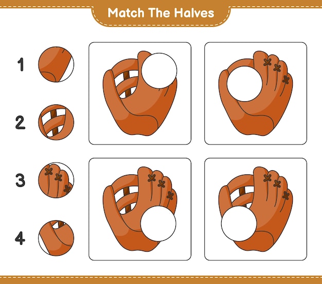 Match de helften. match de helften van de honkbalhandschoen. educatief kinderspel, afdrukbaar werkblad, vectorillustratie