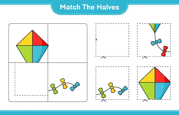 Match de helften Match de helften van Kite Educatief werkblad voor kinderen om af te drukken