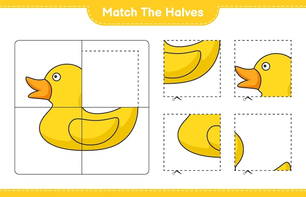 Match de helften Match de helften van Rubber Duck Educatief kinderspel afdrukbaar werkblad