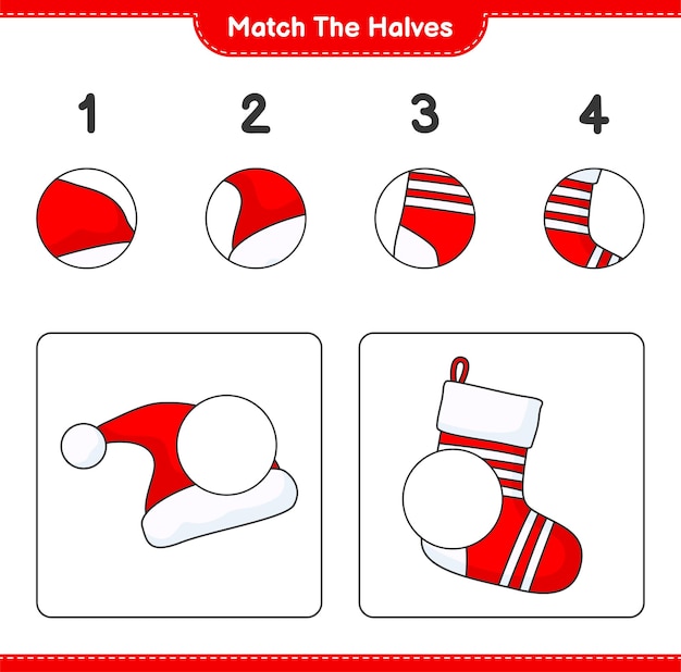 Match de helften Match de helften van Santa Hat en Christmas Sock Educatief spel voor kinderen