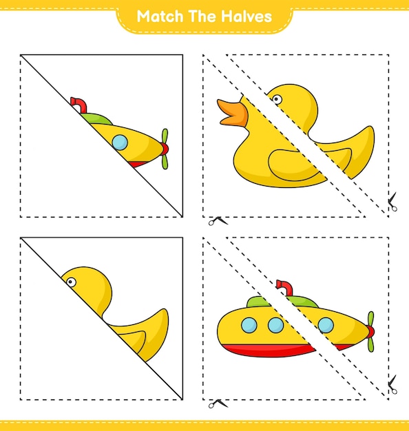 Match de helften match de helften van submarine en rubber duck educatief kinderspel