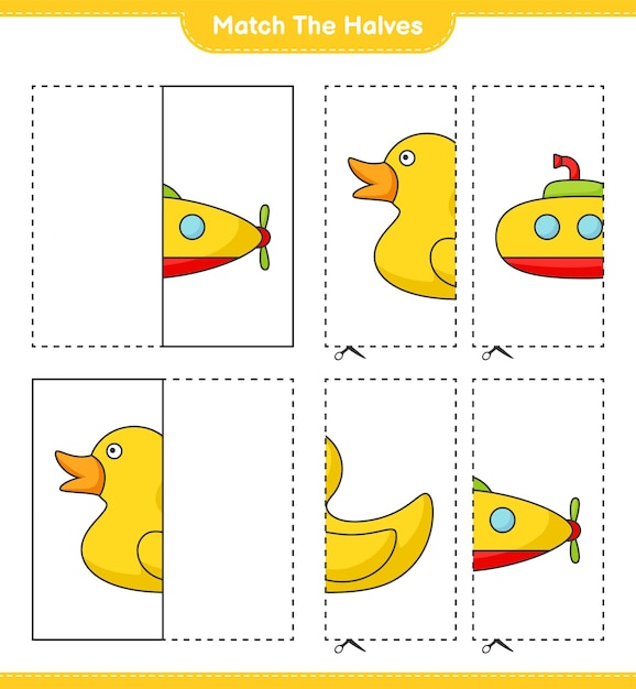 Match de helften Match de helften van Submarine en Rubber Duck Educatief kinderspel