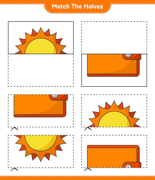 Match de helften Match de helften van Sun en Wallet Educatief werkblad voor kinderen om af te drukken