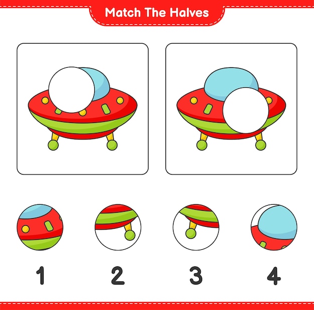 Match de helften Match de helften van Ufo Educatief kinderspel afdrukbaar werkblad