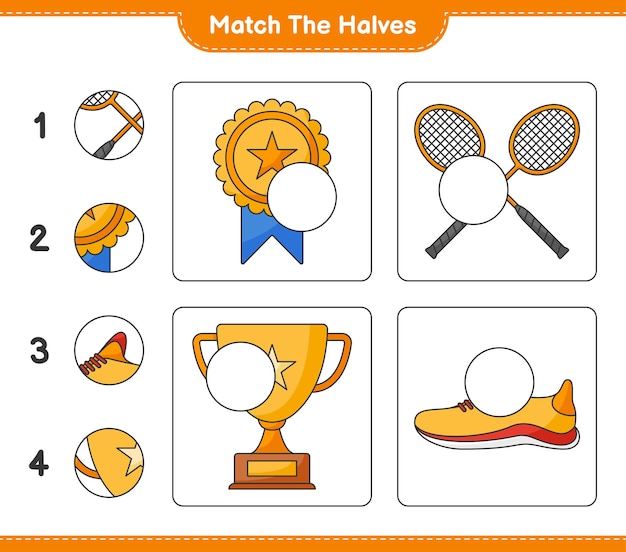 Match de helften. Match helften van trofee, hardloopschoenen en badmintonrackets. Educatief kinderspel, afdrukbaar werkblad, vectorillustratie