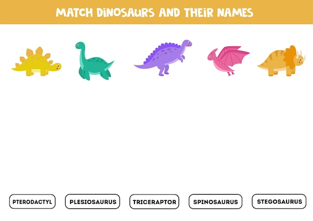 Match dinosaurussen en hun namen. educatief logisch spel voor kinderen.