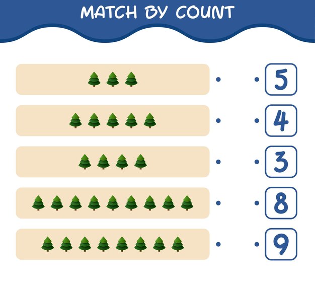 Match door telling van cartoon dennenboom. Match en tel spel. Educatief spel voor kinderen en peuters in de pre-schooljaren