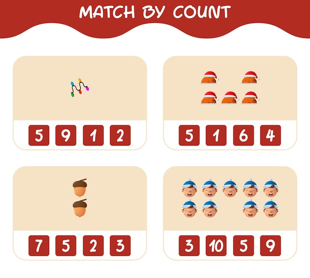 Match door telling van cartoon kerst. . match en tel spel. educatief spel voor kinderen en peuters van voor de schooljaren