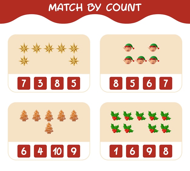 Match door telling van cartoon kerst. . Match en tel spel. Educatief spel voor kinderen en peuters van voor de schooljaren