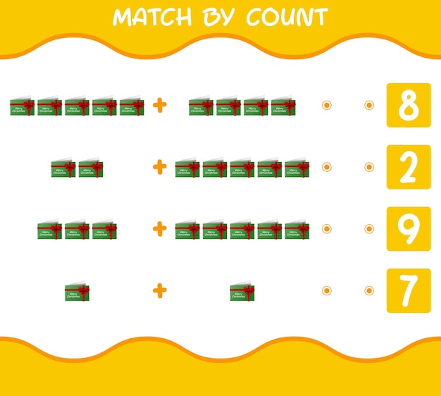 Match door telling van cartoon kerstkaart. Match en tel spel. Educatief spel voor kinderen en peuters in de kleuterklas