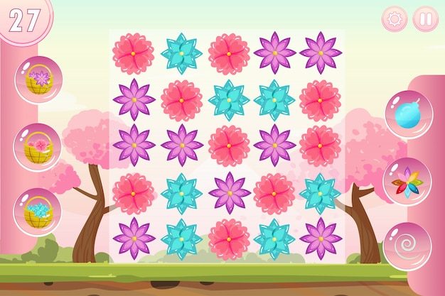 Vector match drie spelinterface met bloemen