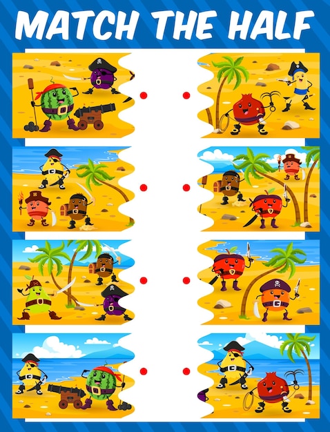 Corrispondi alla metà dei personaggi dei pirati dei frutti dei cartoni animati e dei corsari. giochi per bambini quiz foglio di lavoro vettoriale con puzzle dell'isola del tesoro dei pirati, carini di anguria, mele, arance e pesche personaggi dei corsari dei frutti