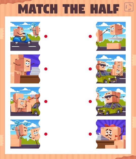 Match half game worksheet with cartoon package box