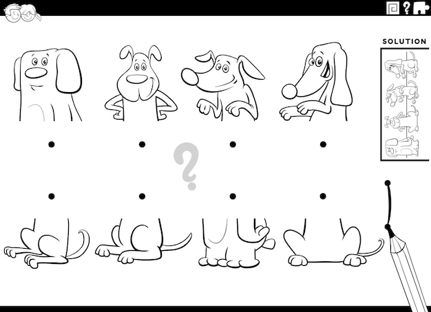 Vector match halves activity with cartoon dogs characters coloring page