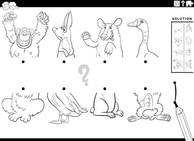 Match halves of cartoon animals pictures task coloring page