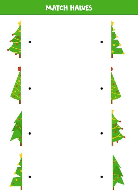 Match halves of Christmas trees. Educational logical game for kids.