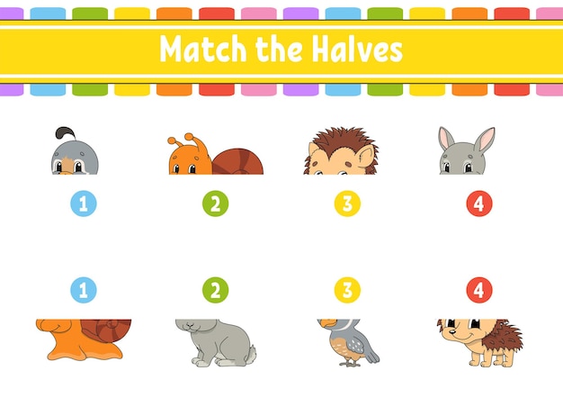 Match the halves. Education developing worksheet. Animal theme. Matching game for kids.