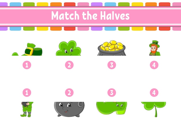 Match the halves Education developing worksheet Matching game for kids Color activity page Riddle for children Cute character Vector illustration