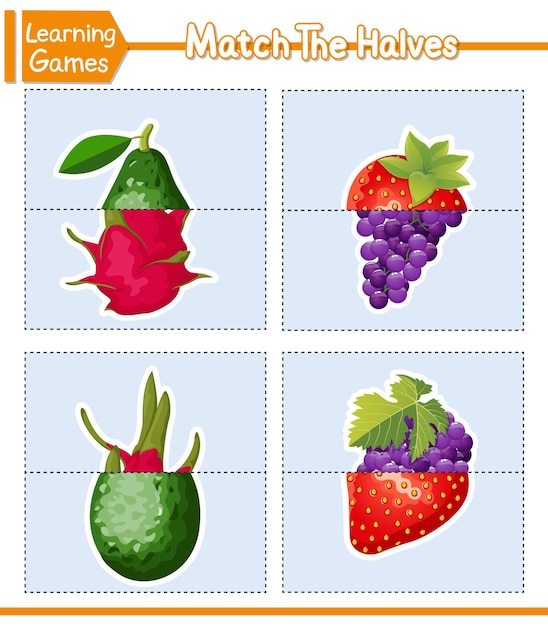 Match The Halves Of Fruits Matching Game For Kids Education Developing Worksheet Vector Illustration Cute Character Cartoon Style