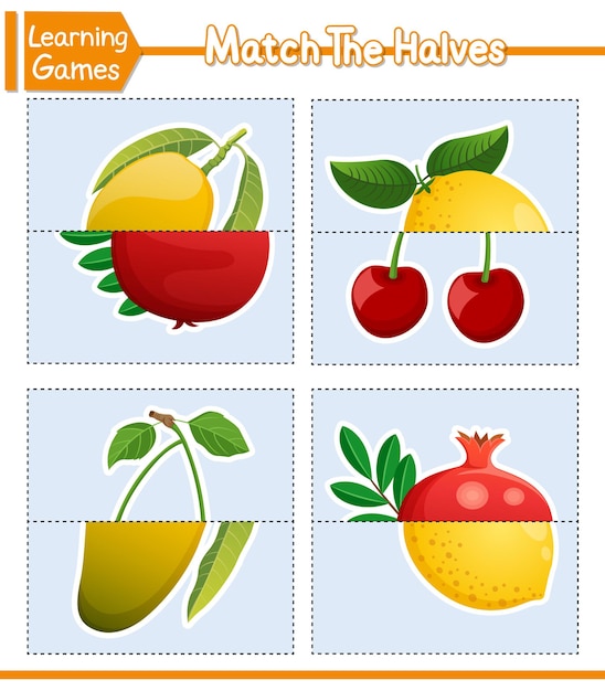 Match The Halves Of Fruits Matching Game For Kids Education Developing Worksheet Vector Illustration Cute Character Cartoon Style