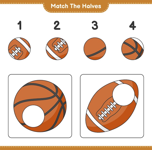 Match the halves. match halves of basketball and rugby ball. educational children game, printable worksheet, vector illustration