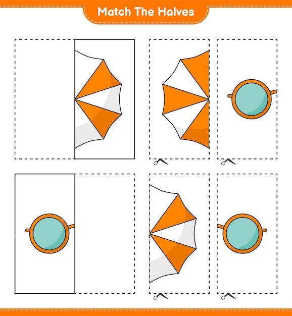 Abbina le metà. abbina le metà di ombrellone e occhiali da sole. gioco educativo per bambini, foglio di lavoro stampabile, illustrazione vettoriale