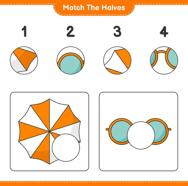 Match the halves. match halves of beach umbrella and sunglasses. educational children game, printable worksheet, vector illustration