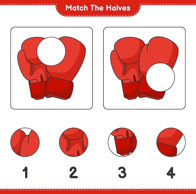 半分を一致させます。ボクシンググローブの半分を一致させます。教育的な子供たちのゲーム、印刷可能なワークシート、ベクトル図