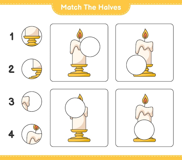 Vector match the halves match halves of candle educational children game printable worksheet vector illustration