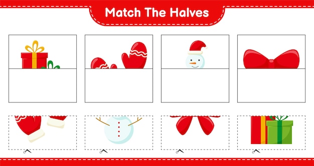 Match the halves. match halves of christmas decoration. educational children game, printable worksheet,  illustration