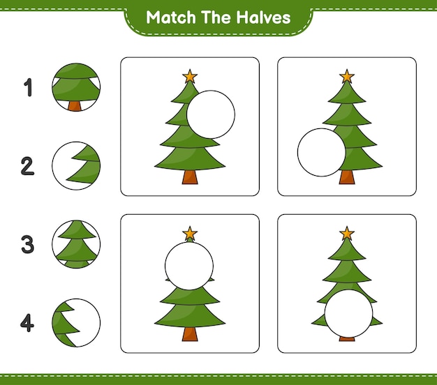 半分を一致させるクリスマスツリーの半分を一致させる教育的な子供たちのゲームの印刷可能なワークシート