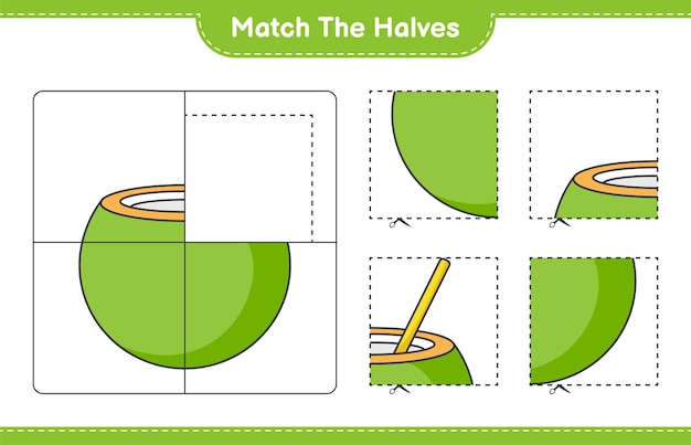 match the halves. match halves of coconut. educational children game, printable worksheet