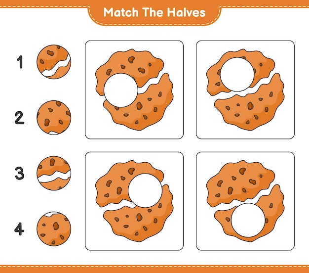 半分を一致させるクッキーの半分を一致させる教育的な子供たちのゲームの印刷可能なワークシートのベクトル図