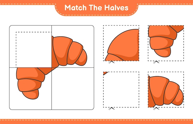 Match the halves Match halves of Croissant Educational children game printable worksheet vector illustration