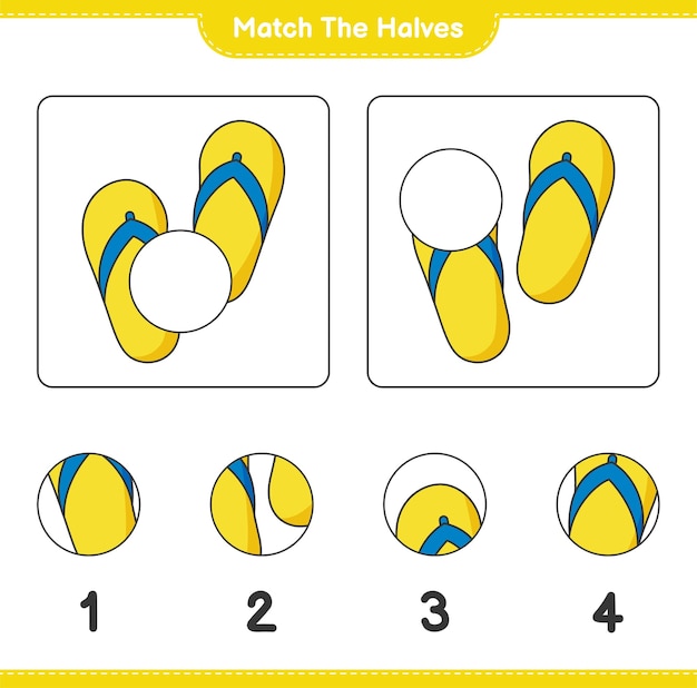 Abbina le metà. abbina le metà di flip flop. gioco educativo per bambini, foglio di lavoro stampabile