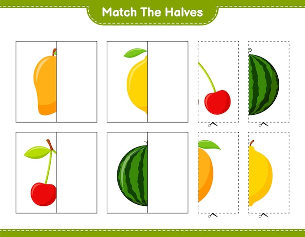 반쪽을 일치시킵니다. 과일의 절반을 일치시킵니다. 교육용 어린이 게임, 인쇄 가능한 워크 시트