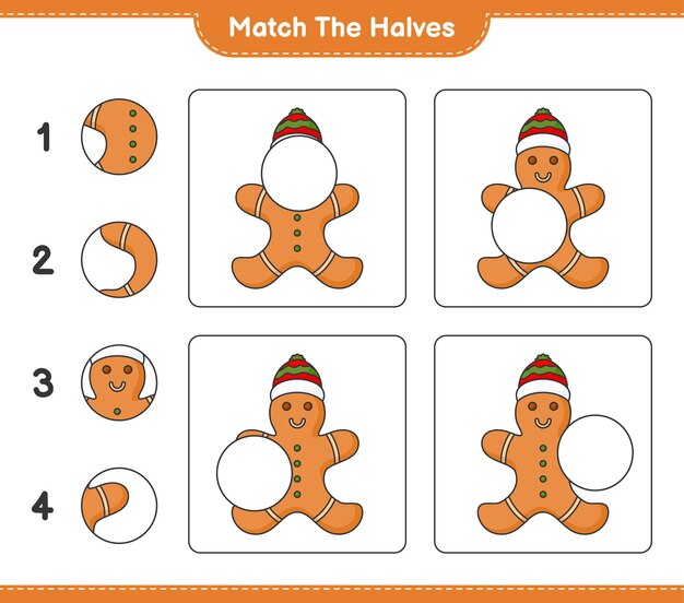 Match the halves match halves of gingerbread man educational children game printable worksheet vector illustration