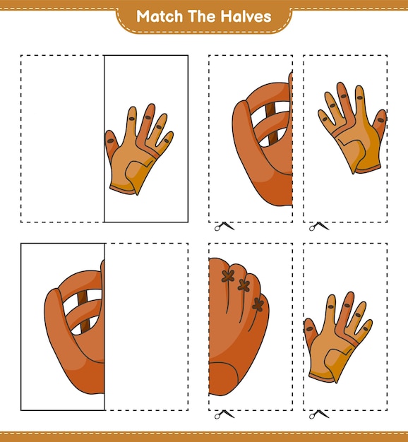 Match the halves. Match halves of Golf Gloves and Baseball Glove. Educational children game, printable worksheet, vector illustration