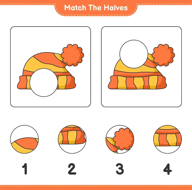 Match the halves. Match halves of Hat. Educational children game, printable worksheet, vector illustration