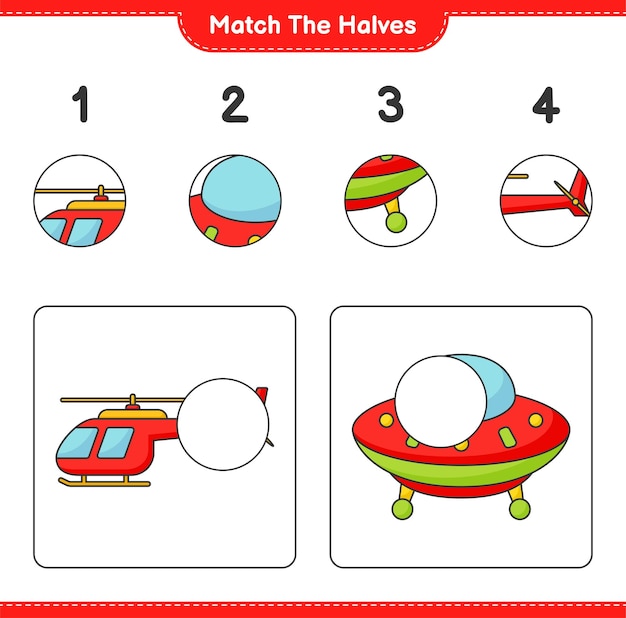 Match the halves Match halves of Helicopter and Ufo Educational children game printable worksheet