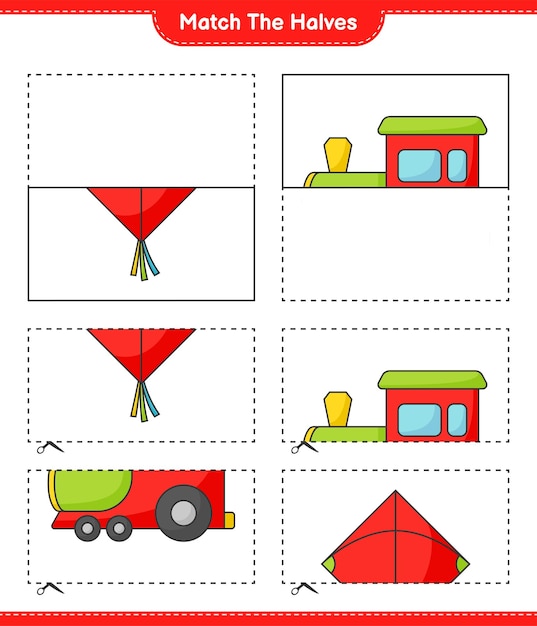 Match the halves match halves of kite and train educational children game printable worksheet