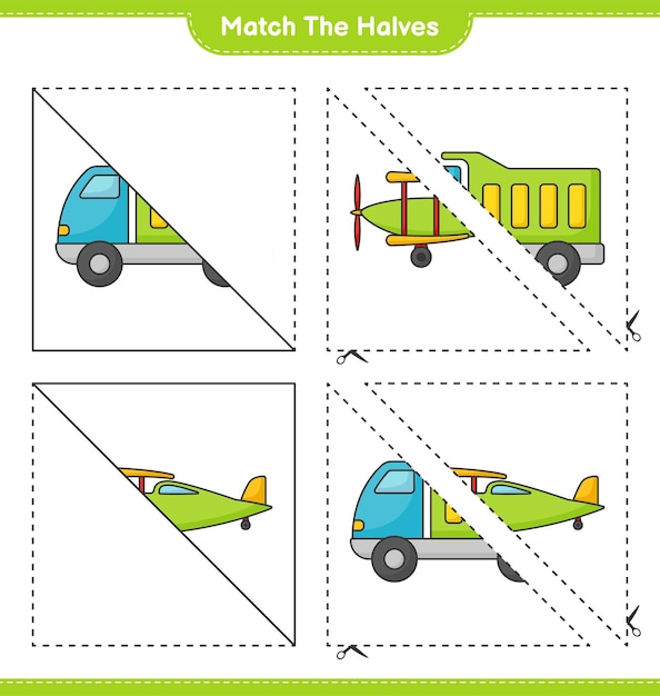반쪽 일치 트럭 및 비행기의 반쪽 일치 교육용 어린이 게임 인쇄용 워크시트