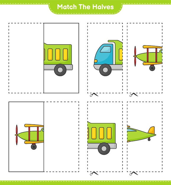 Abbina le metà abbina le metà del foglio di lavoro stampabile del gioco educativo per bambini camion e aereo