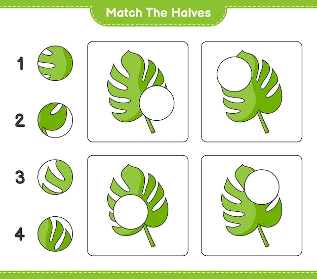 Match the halves. match halves of monstera. educational children game, printable worksheet