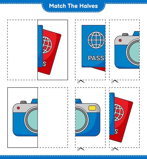Match the halves. Match halves of Passport and Camera. Educational children game, printable worksheet, vector illustration